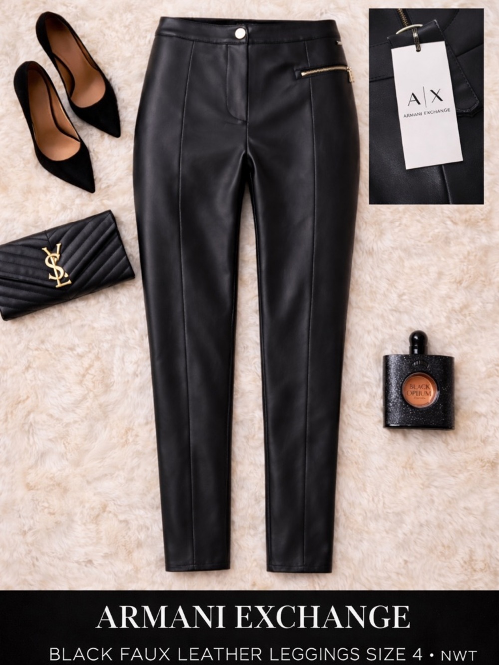Armani Exchange Black Faux Leather Leggings Size 4 NWT Zip Pocket Pants